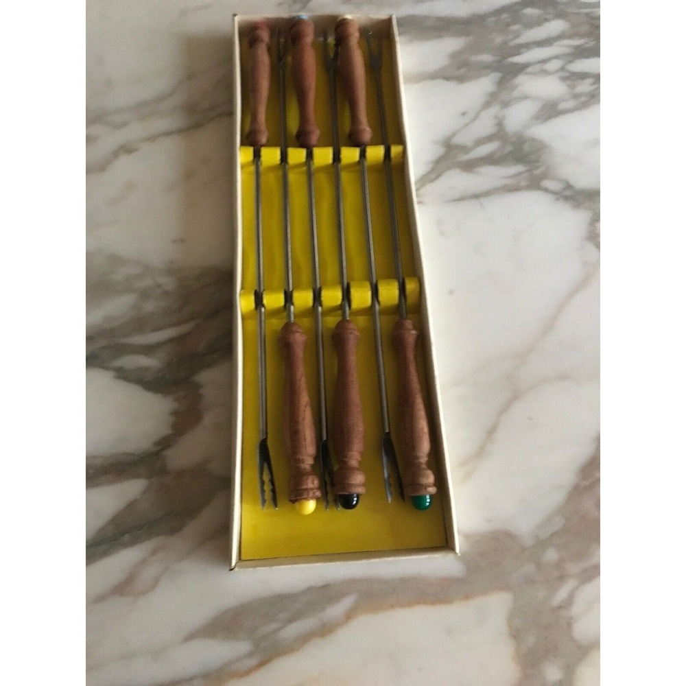 Vintage 1960's Fondue Fork 6 Piece Stainless Wood Handles Colored Tips - Picture 3 of 6